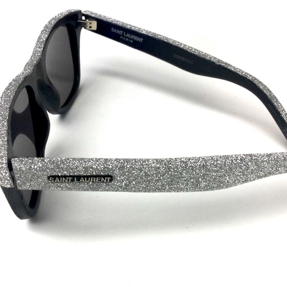 SAINT LAURENT YSL SILVER GLITTER BLACK LEATHER SUNGLASSES SL51 051 NWOT - Picture 2 of 14